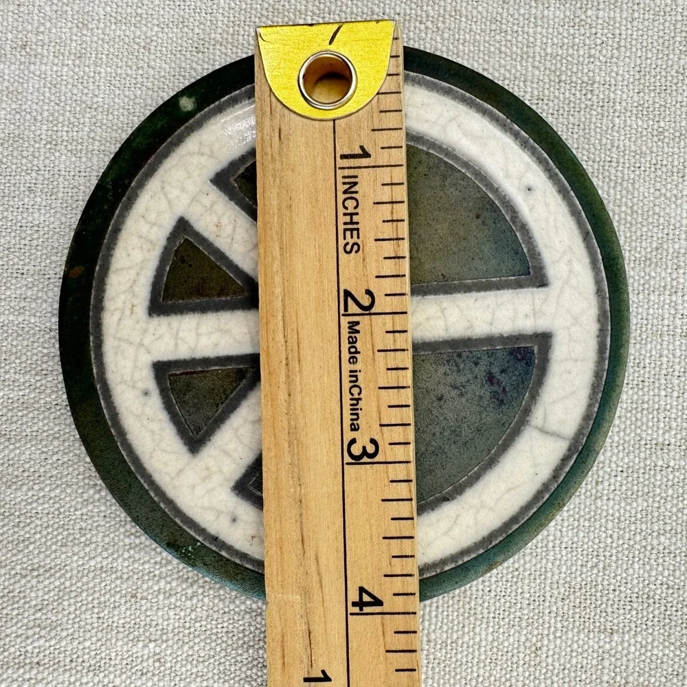 Jeremy Diller Raku Pottery Peace Sign Coaster Trivet Signed Handmade 4